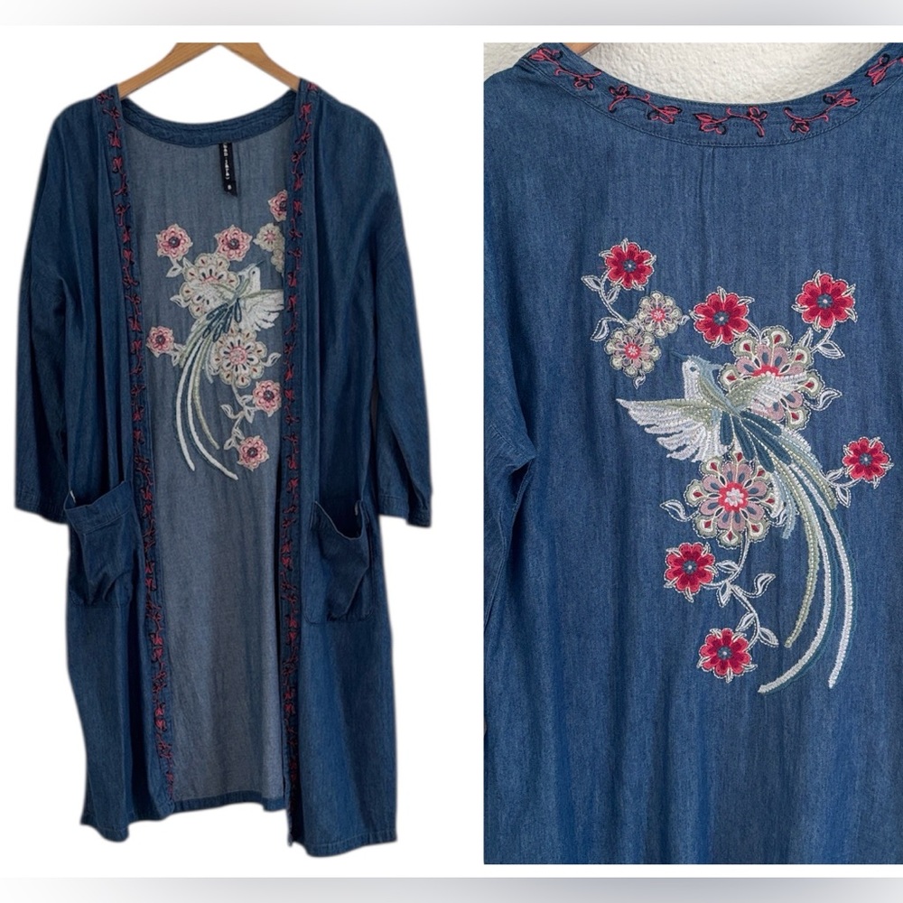 Banjara Embroidered Bird Floral Chambray Duster Kimono Cardigan Boho Festival